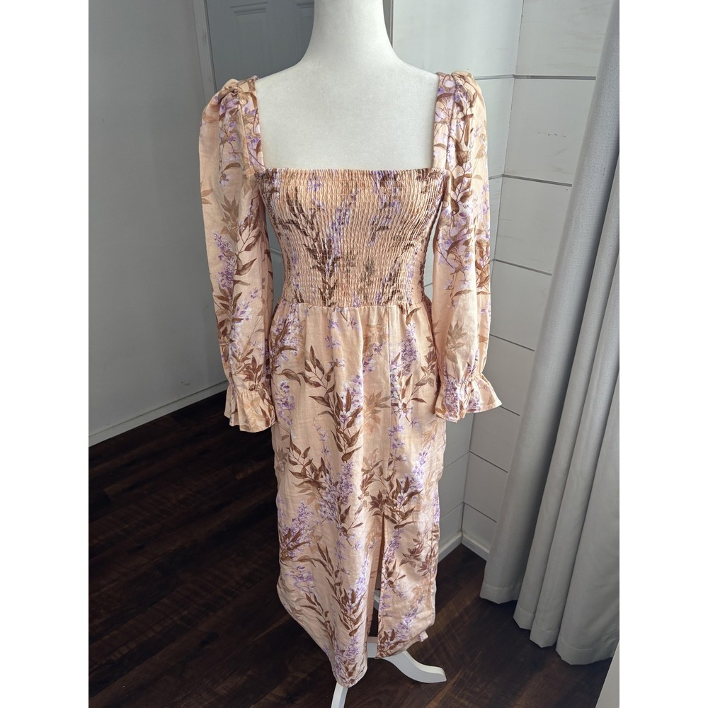 House Of Harlow Floral Smocked Midi Dress Womens Medium Peasant Linen Boho‎